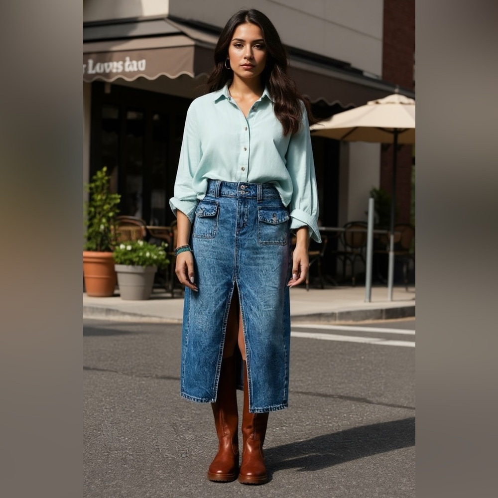 Free People We The Free Madison Blue Denim Midi Skirt Front Slit Casual Size 25 - Picture 1 of 9
